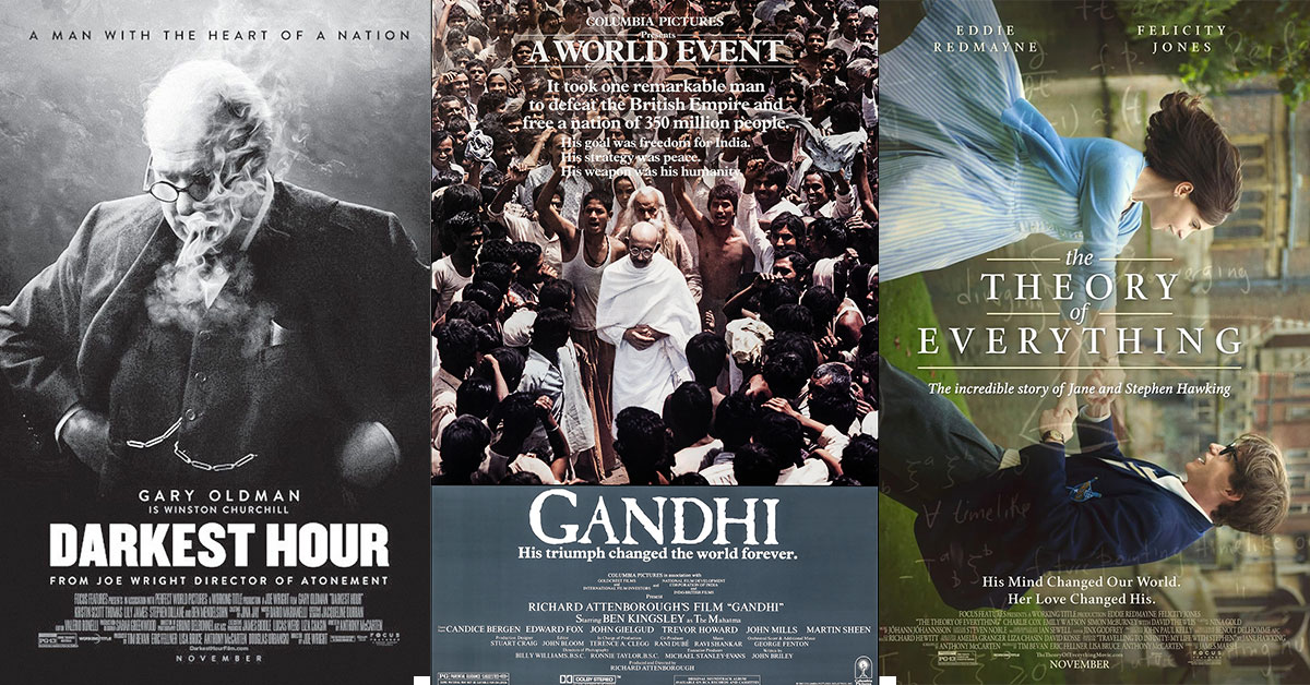 Movie posters: Darkest Hour, Gandhi, and Theory of Everything