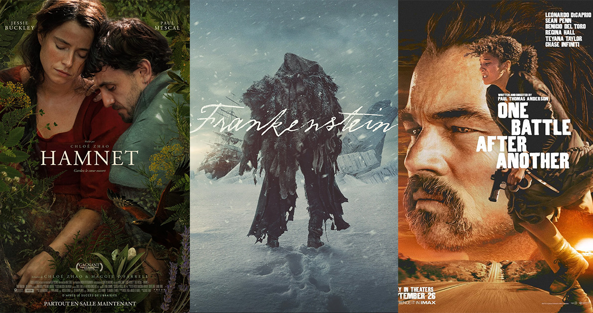 Movie posters of Hamnet, Frankenstein, and One Battle After Another.