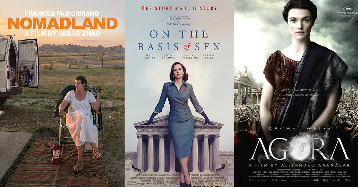 Movie posters of Nomadland, On the Basis of Sex, and Agora