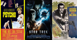 Movie posters of Psycho, Star Trek, and James Bond: Dr. No.