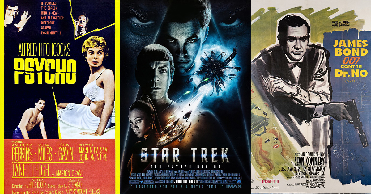 Movie posters of Psycho, Star Trek, and James Bond: Dr. No.
