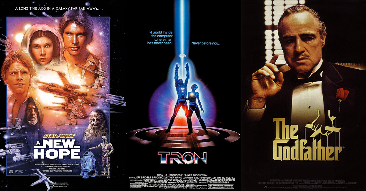 Movie posters of Star Wars: A New Hope, Tron, and The Godfather.