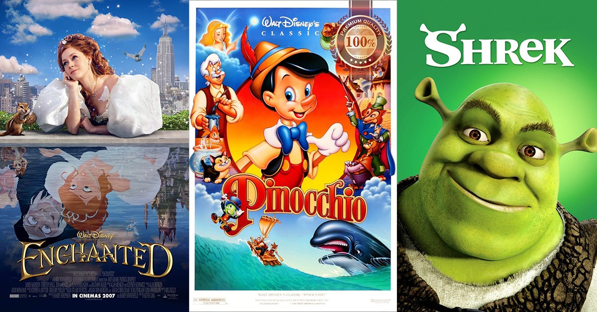 Movie posters of Enchanted, Pinocchio, and Shrek.