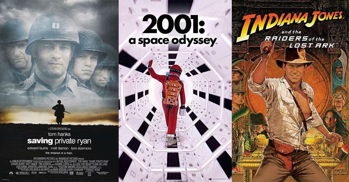 Movie posters of Saving Private Ryan, 2001: A Space Odyssey, and Indiana Jones: Raiders of the Lost Ark.