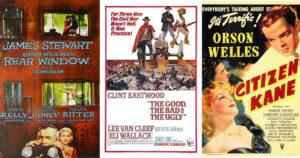 Movie posters of Citizen Kane, The Good The Bad And The Ugly, and Rear Window.