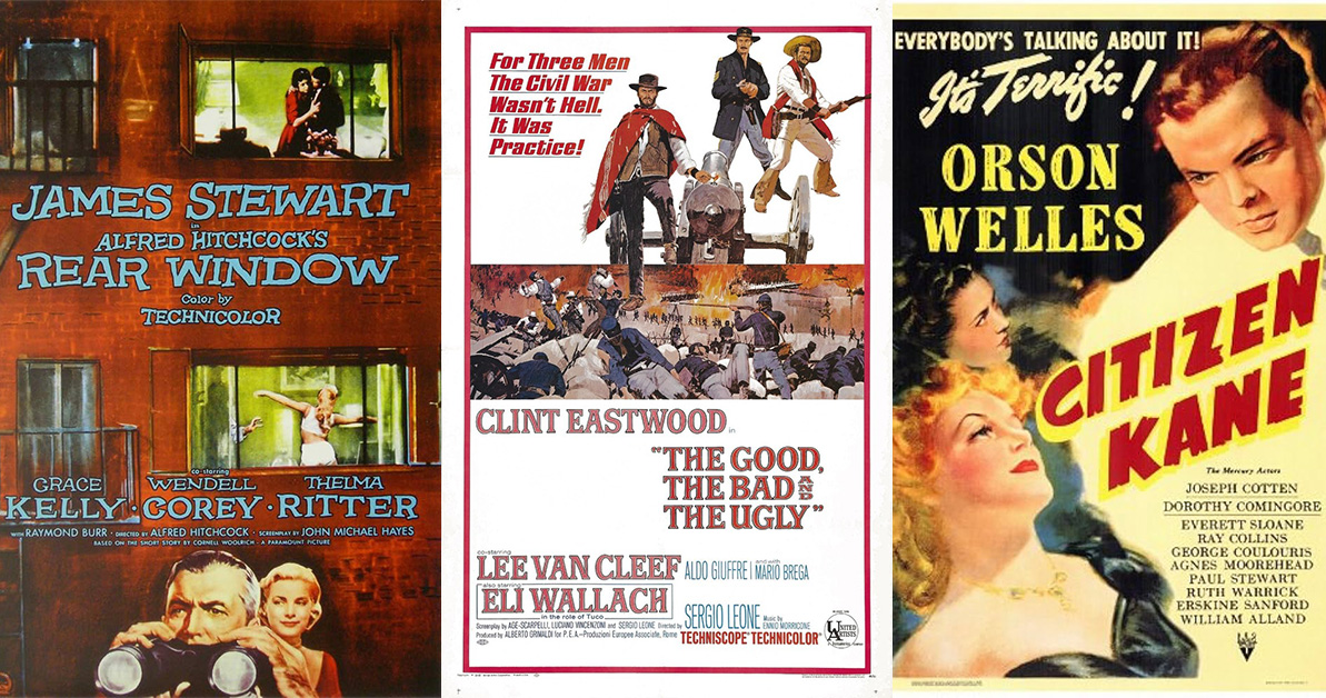 Movie posters of Citizen Kane, The Good The Bad And The Ugly, and Rear Window.