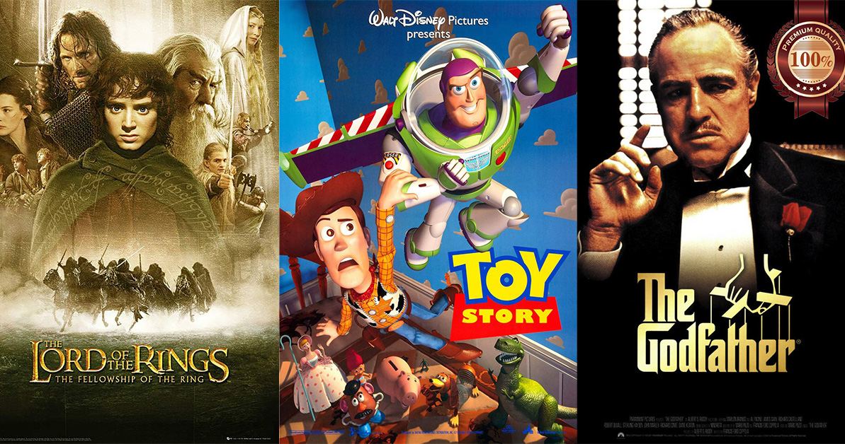 Movie posters for Lord of the Rings, Toy Story, and The Godfather.
