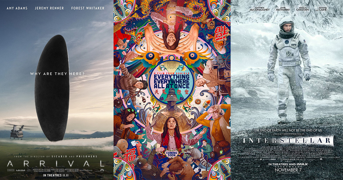 Movie posters for Arrival, Everything Everywhere All At Once, and Interstellar.