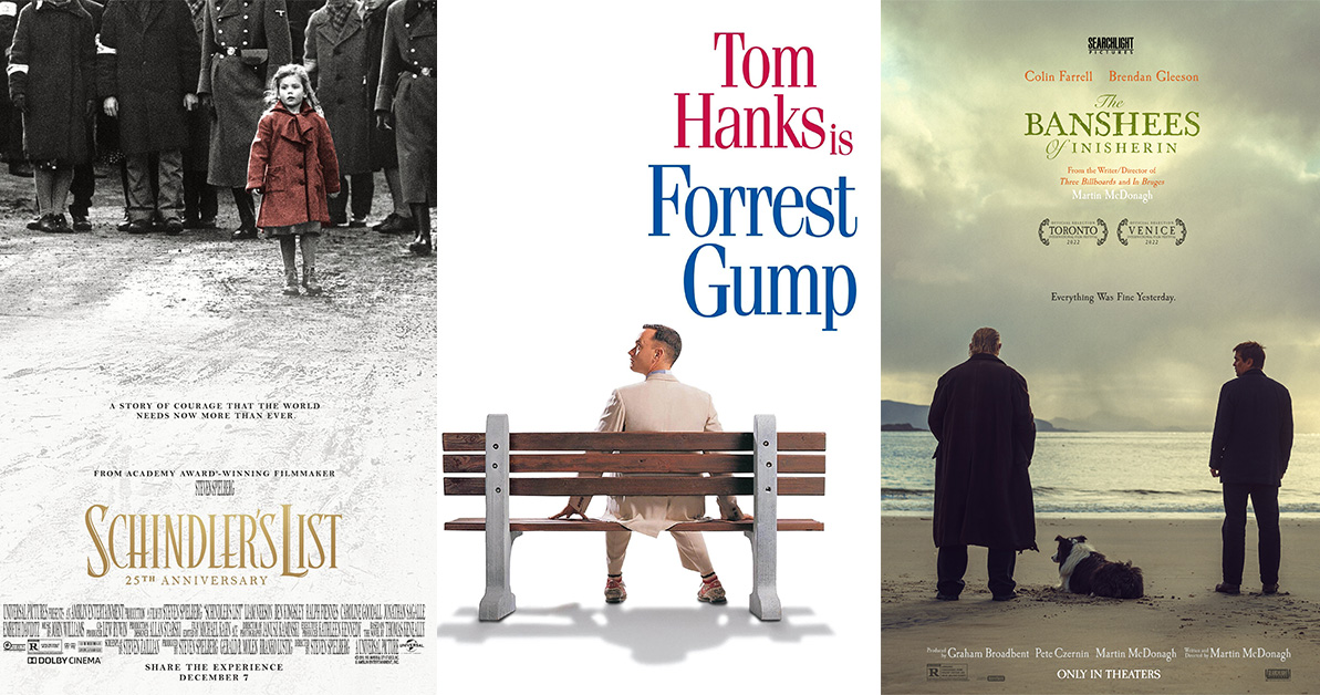 Movie posters of Schindler's List, Forrest Gump, and The Banshees of Inisherin.