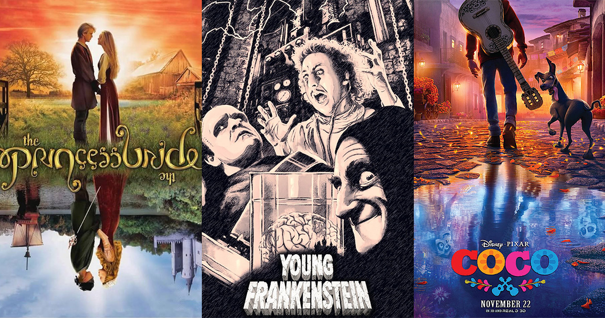 Movie posters of The Princess Bride, Young Frankenstein, and Coco.
