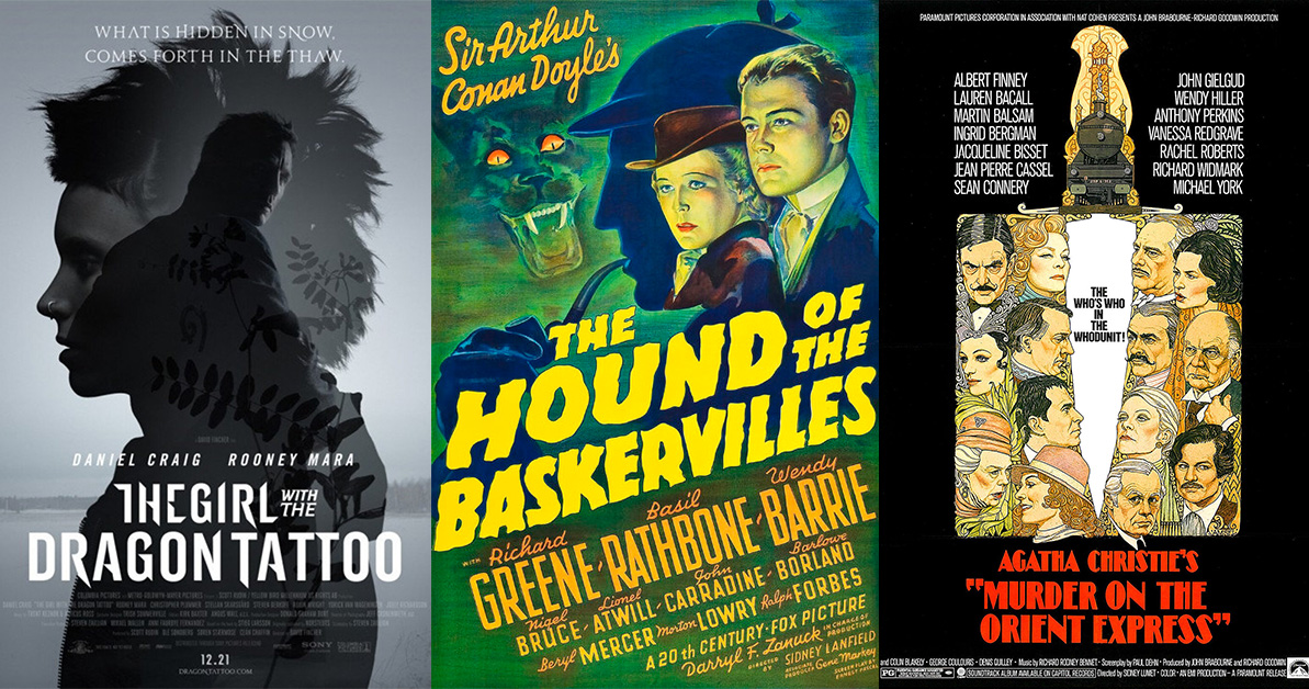 Movie posters of The Girl With The Dragon Tattoo, The Hound of the Baskervilles, and Murder on the Orient Express.