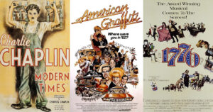 Movie posters of Modern Times, American Graffiti, and 1776.