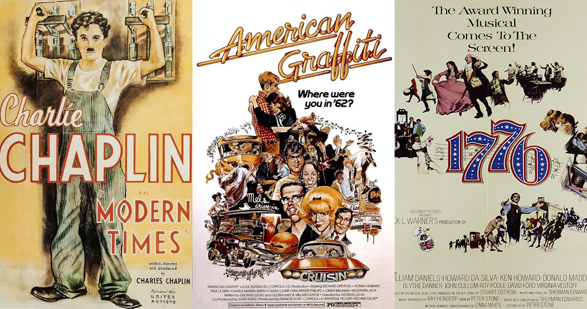 Movie posters of Modern Times, American Graffiti, and 1776.