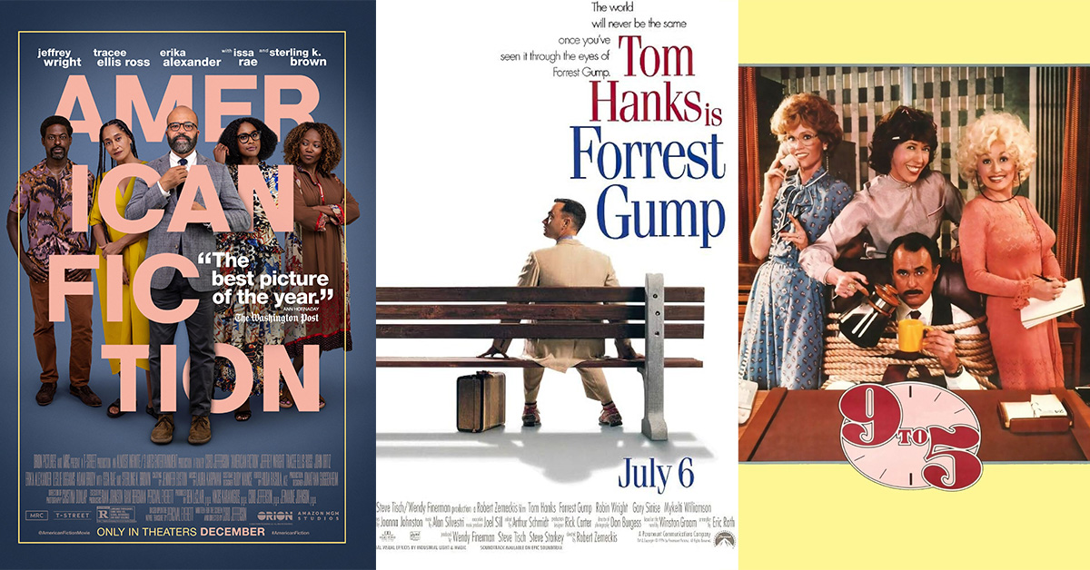 Movie posters for American Fiction, Forrest Gump, and 9-5.