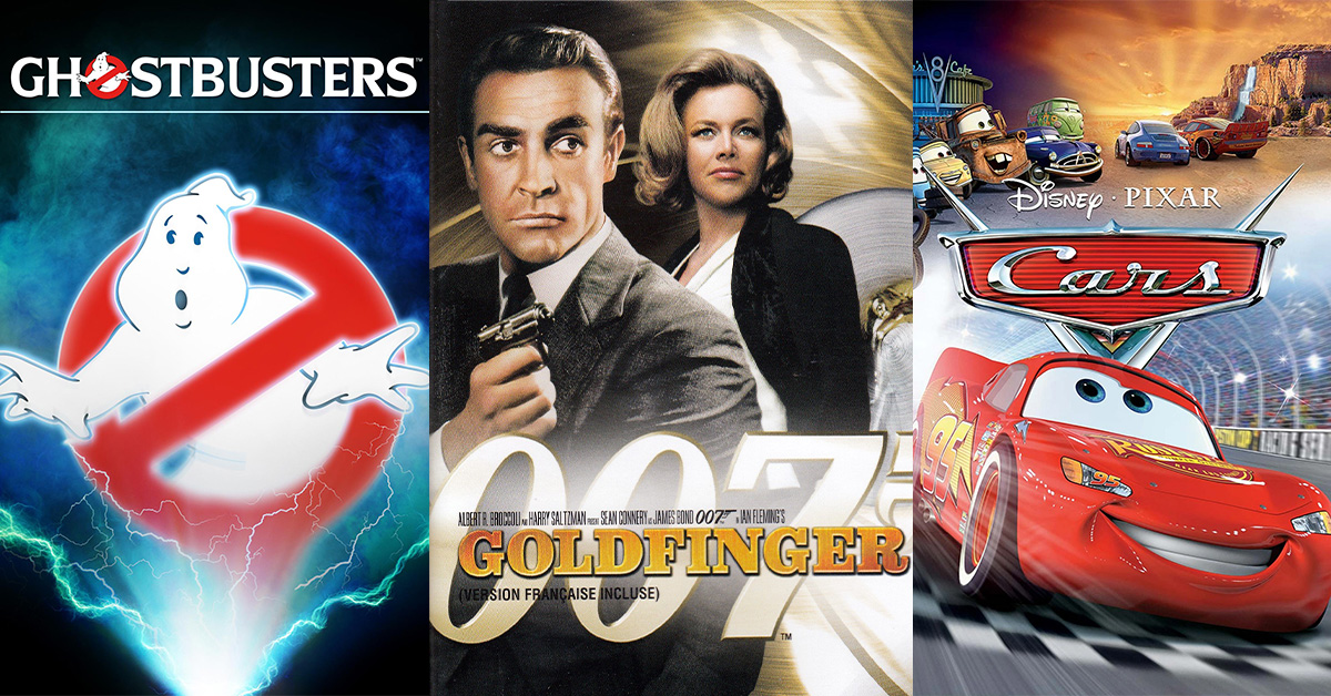 Movie Posters of: Ghostbusters, 007 Goldfinger, and Cars