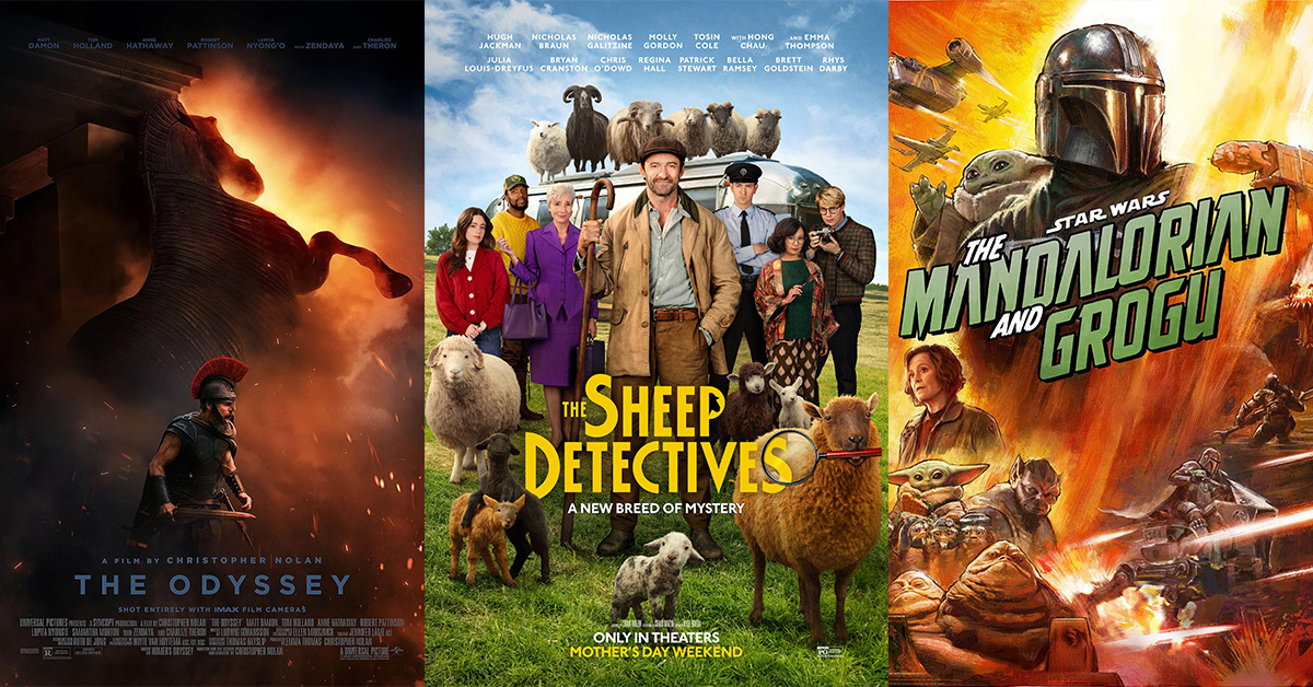 Movie posters for The Odyssey, Sheep Detectives, and Mandalorian and Grogu