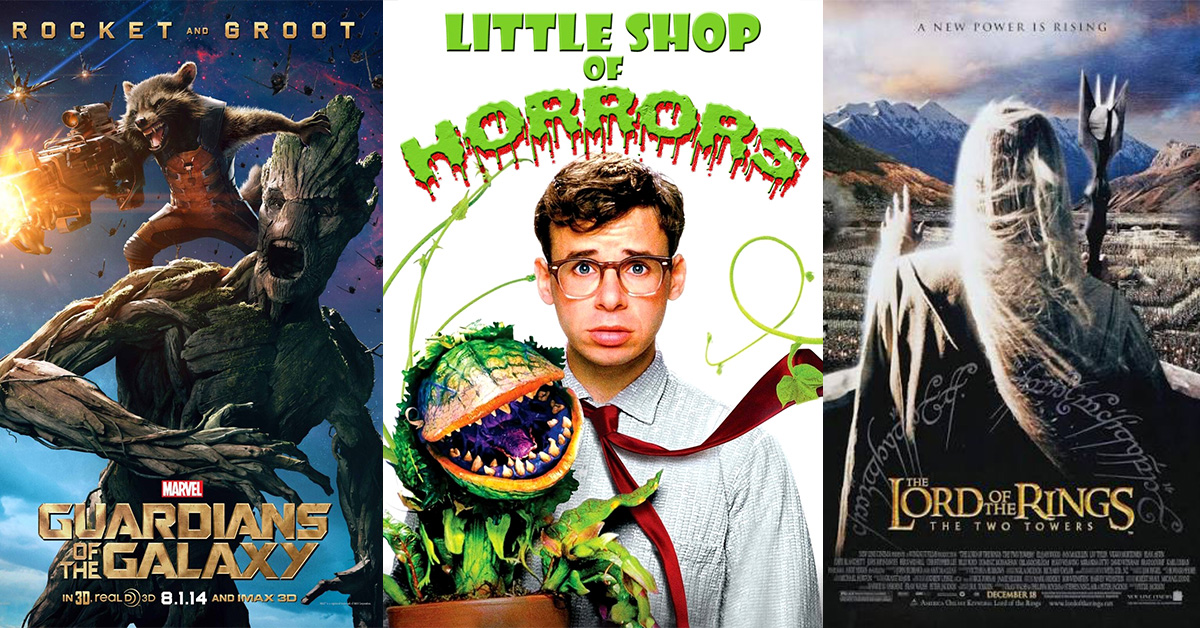 Movie posters for Guardians of the Galaxy. Little Shop of Horrors, and Lord of the Rings