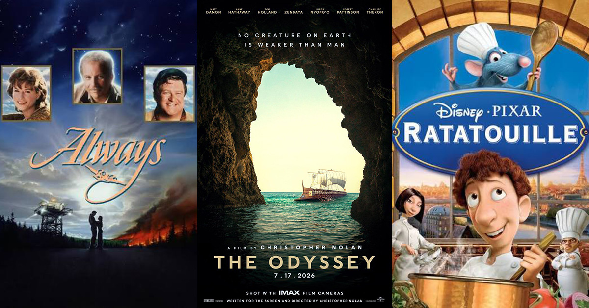 Movie Posters for Always, The Odyssey, and Ratatouille