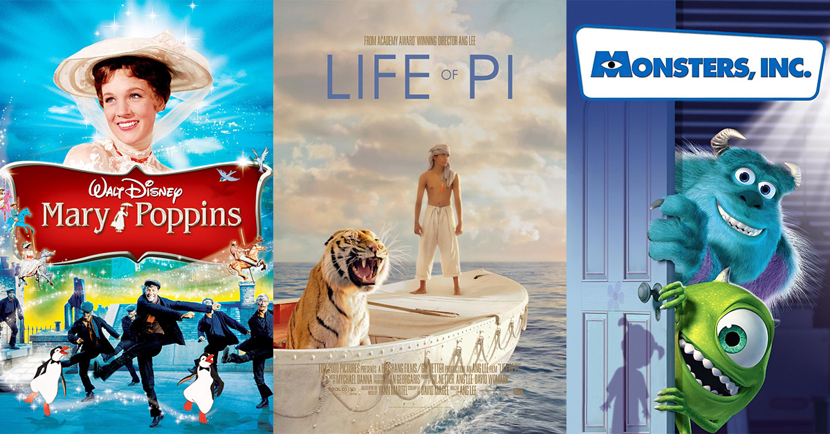 Movie Posters for Mary Poppins, Life of Pi, and Monsters Inc.