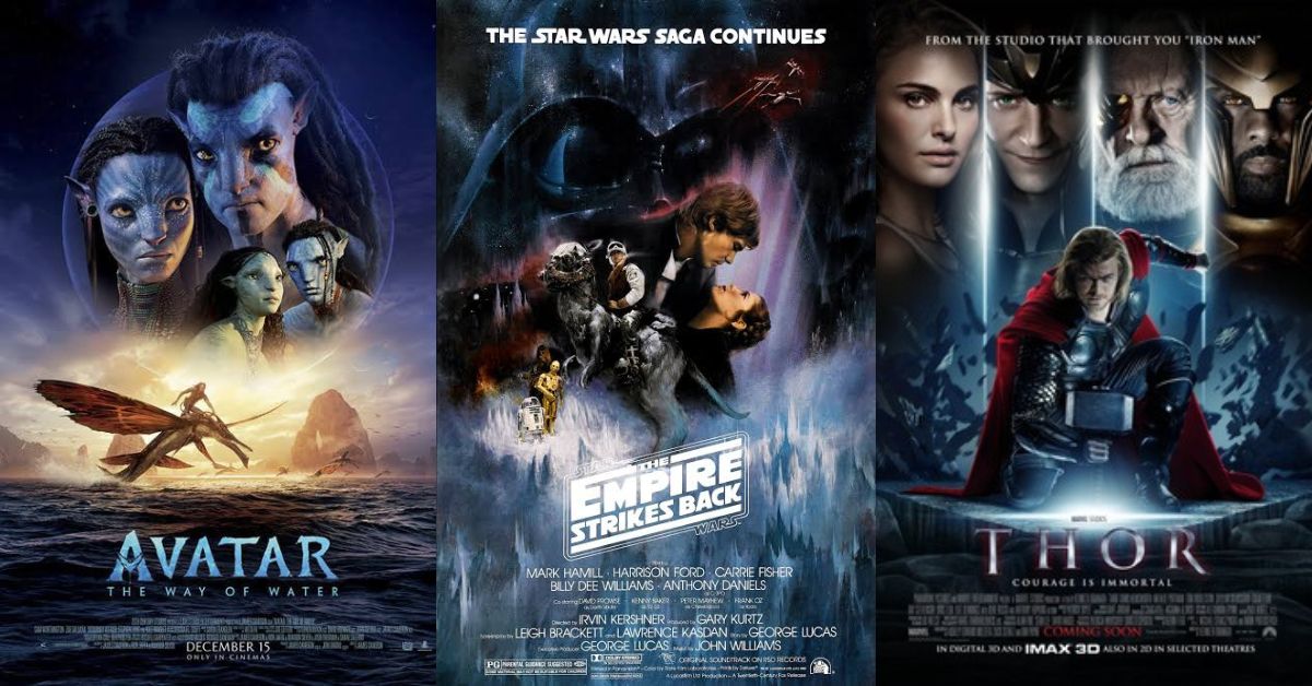 Movie Posters for Avatar: The Way of Water, Star Wars: The Empire Strikes Back, and Thor