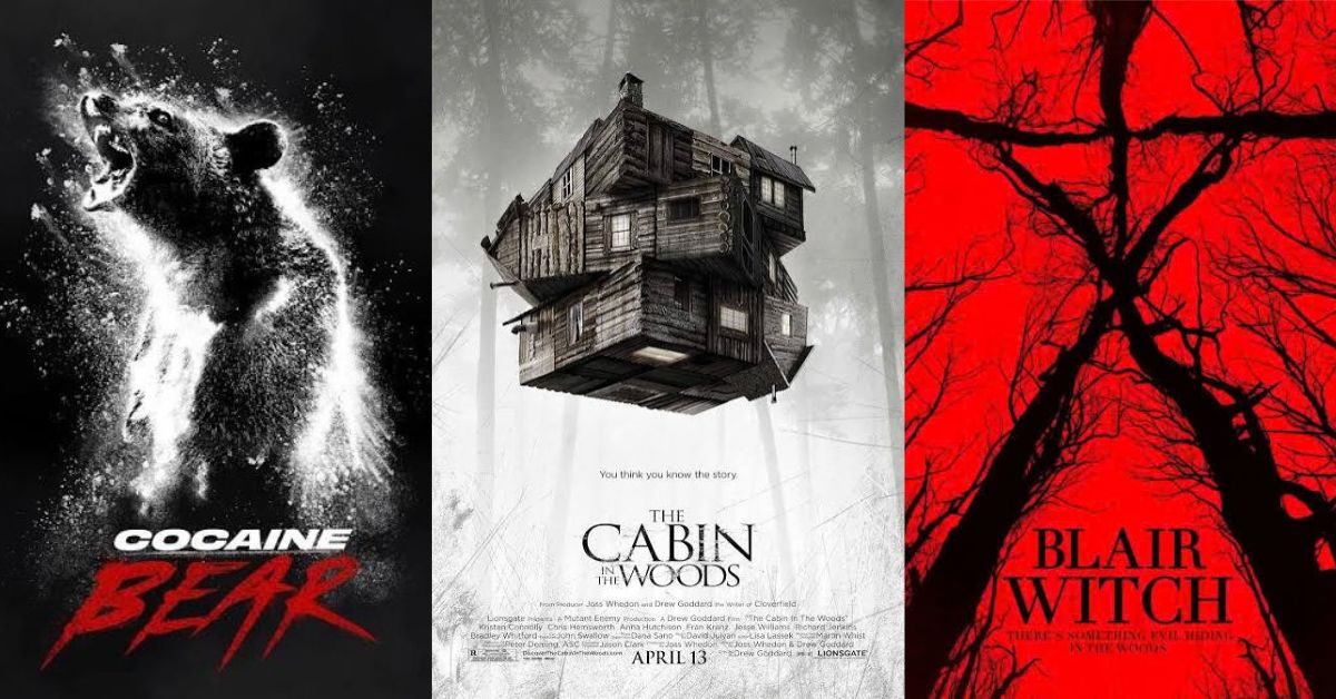 Movie posters for Cabin in the Woods, the Blair Witch Project, and Cocaine Bear