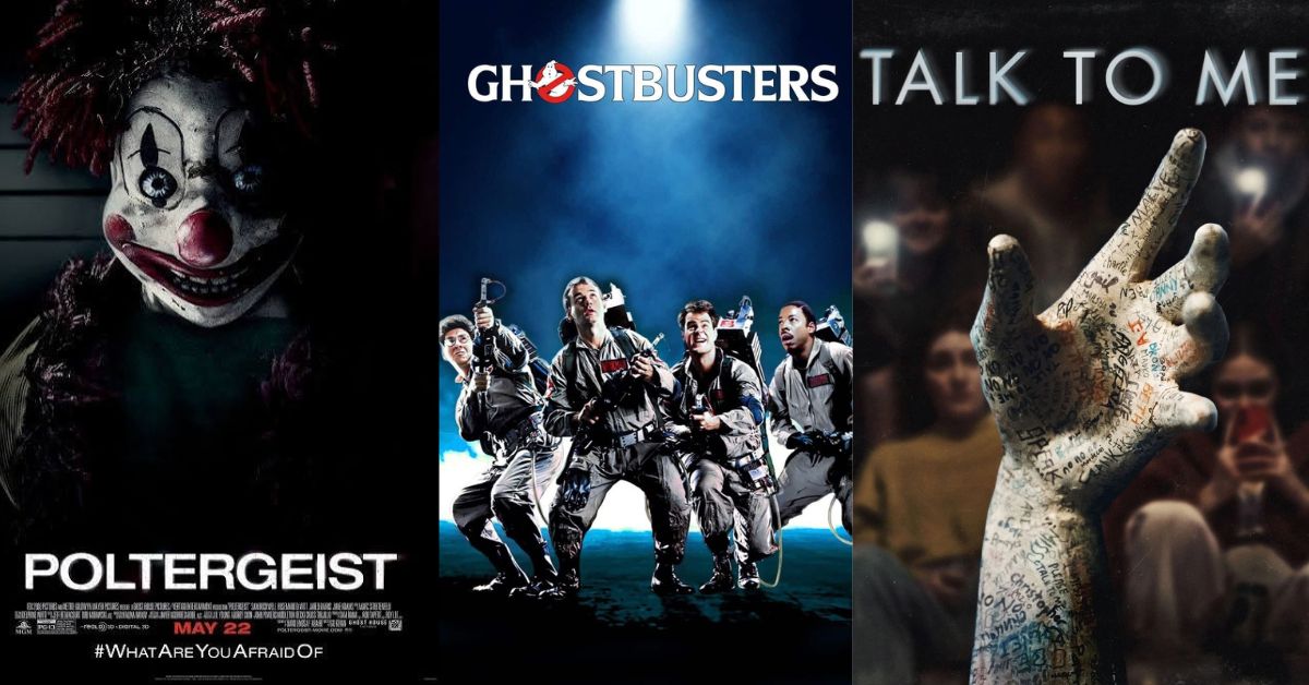 Movie posters for Poltergeist, Ghostbusters, and Talk to Me