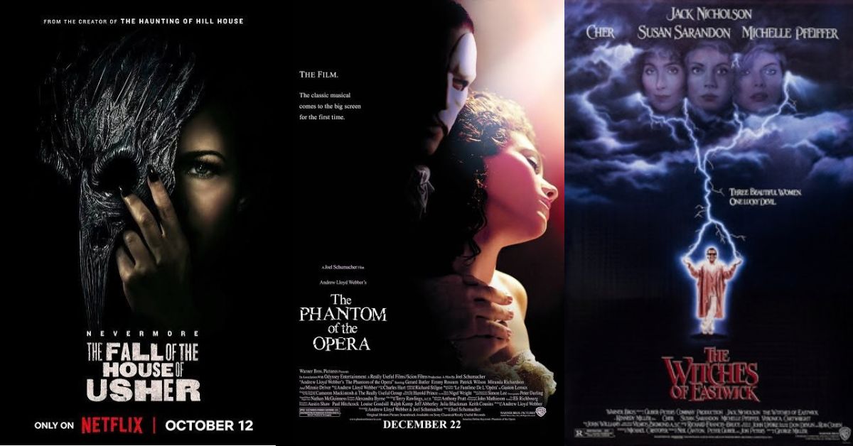 Movie posters for Phantom of the Opera, the House of Usher. and the Witches of Eastwick